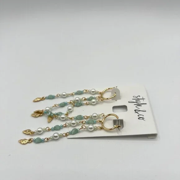 Style & Co Shaky Bead & Imitation Pearl Chain Hoop Earrings in Gold MSRP $25 NWT - Picture 4 of 5